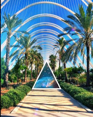 Trippy triangle portal to other world in outer space placed in Valencia